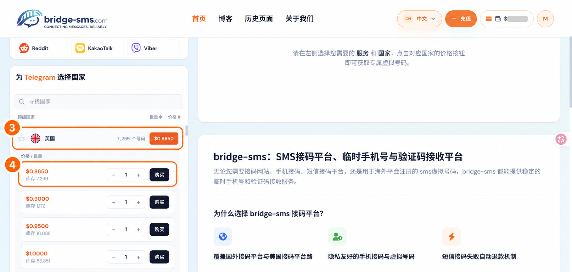 Bridge-SMS 价格按钮展开档位后的截图：橙色起价和黑色购买按钮分别标出