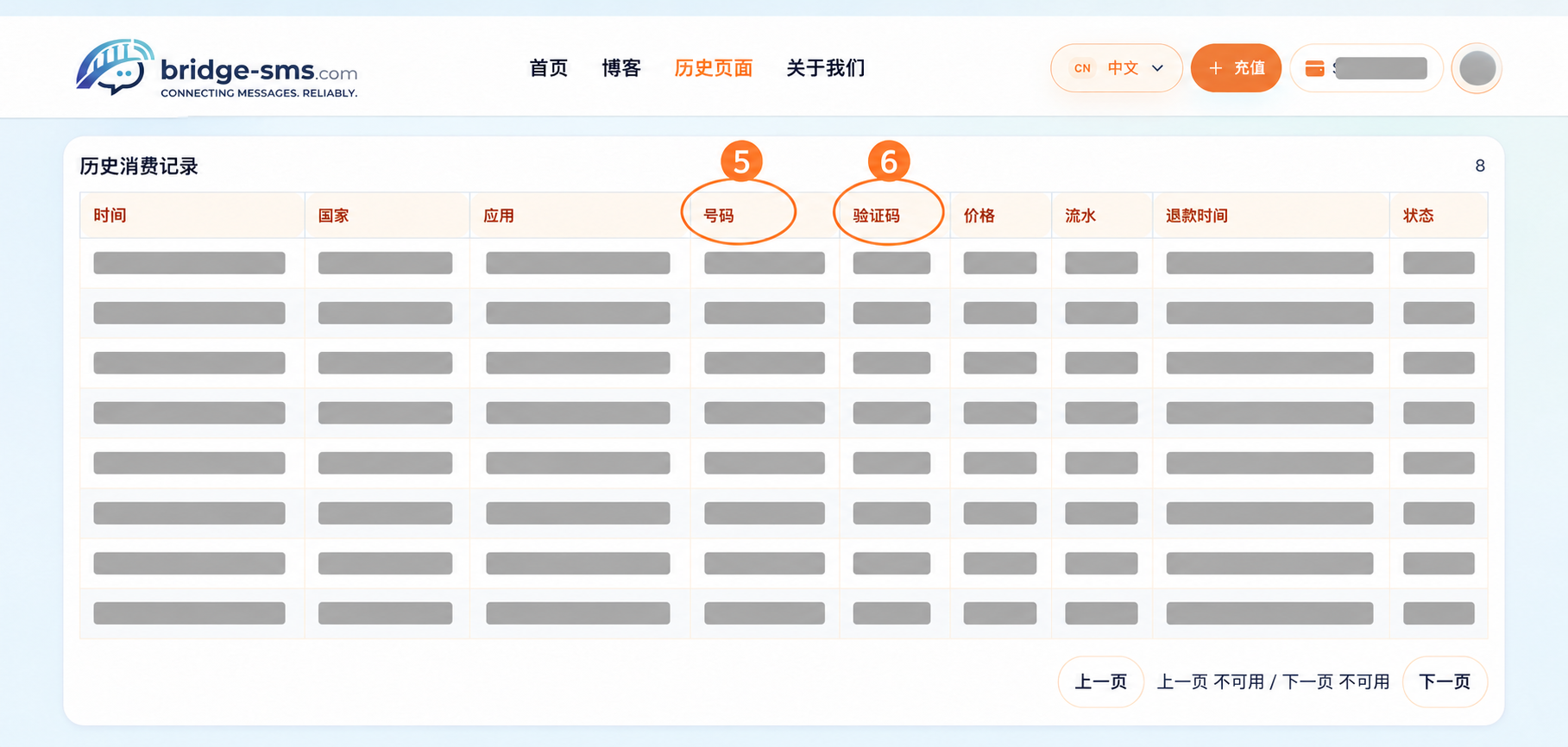 Bridge-SMS 历史记录截图：圈出号码与验证码所在列，订单数据已遮挡
